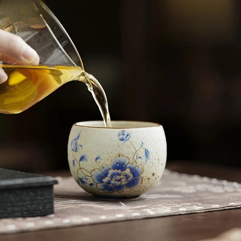 150ml Outline In Gold Blue Peony Teacup Handmade Tea Bowl Set Of Cups Tea-tasting Personal Cup Chazhan Master Cups Teaware Craft