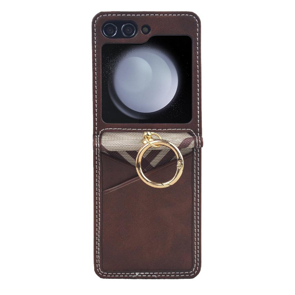 For Samsung Galaxy Z Flip7 FE 5G/Z Flip6 5G Case Metal Ring Card Holder Leather Coated PC Phone Cover