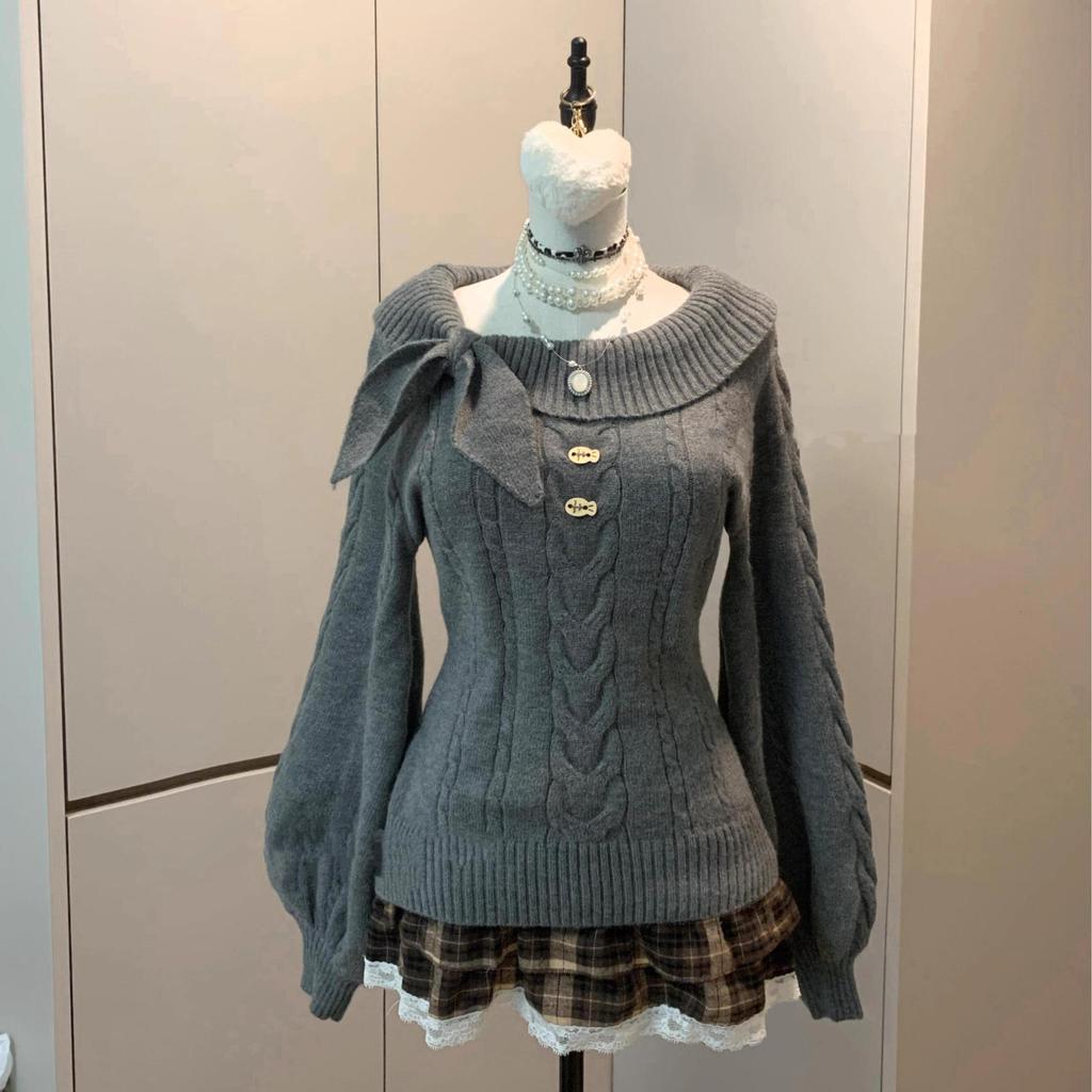 Women's Retro One-Shoulder Rabbit Ear Sweater - Long Sleeve, Round Neck, Autumn/Winter Knitwear
