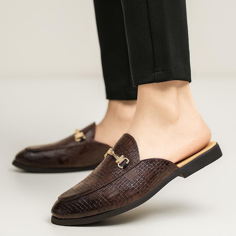 New Men Metal Button Pu Leather Half Slippers Shoes Male Casual Mules Moccasins Breathable Loafers Zapatos Hombre