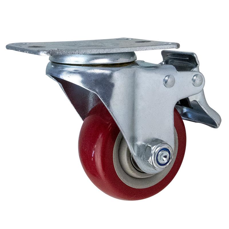 Silent Universal Jujube Red Casters with Brakes - 3", 4", 5" Polyurethane Wheels for Warehouse Tools and Cargo Trolleys