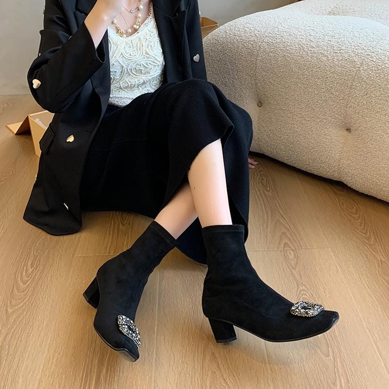 Fashion French Rhinestone Square Buckle Ankle Boots for Women's  Autumn and Winter New Square-toed Suede Medium Thick Heel Ankle Boots