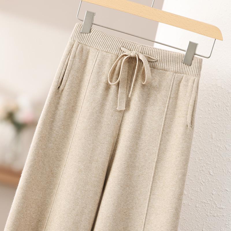 New White Wide-Leg Knitted Pants with Drawstring - Loose, Thickened, Plus Size for Autumn & Winter Casual Wear