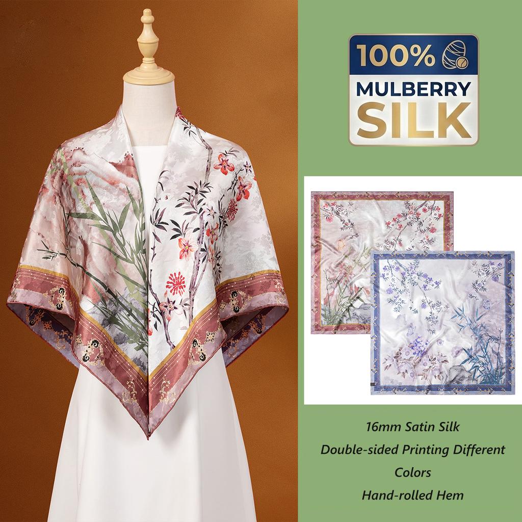 2026 Luxury Customizable Silk Satin Shawl Hand Rolled Edge 100% Mulberry Silk Women Digital Printed Wrap Scarf Low MOQ