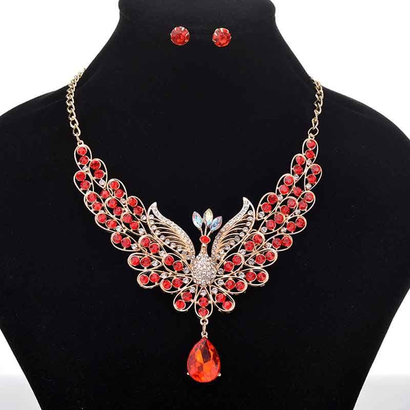 Exquisite Retro Peacock Necklace With Colorful Ear Studs Rhinestone Jewelry Set