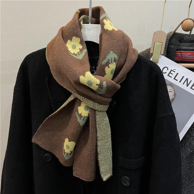 

Cute Little Flower Knitted Scarf for Girls Korean Version Ins Style Woolen Scarf Versatile Warm Student Thickened Couple Trend 170*25cm