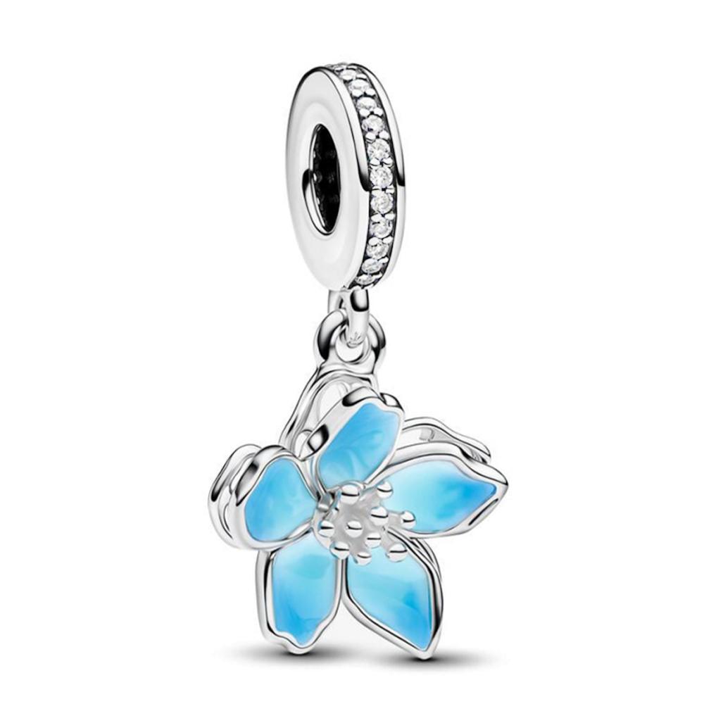 

New Blue Cherry Blossom Bracelet DIY Flower Pendant Women Party Jewelry Sweet Charm Fit Original Pan Birthday Gifts