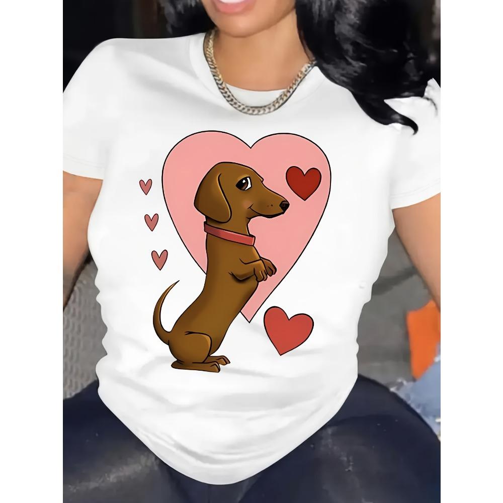 Women Cute Sausage Dog with Heart Pattern Printed T-shirt Round Neck Summer Short Sleeve Top Casual Soft T-shirt Clothing M