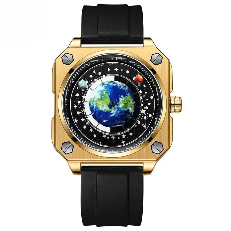Earth Watch for Men Rotating Earth Dial New Concept Creative Blue Planet Non Mechanical Pointer Silicone Tape Men Watch