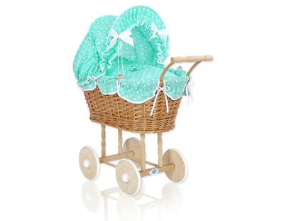 Tall Wicker Doll Stroller with Mint Bedding and Lining - Natural