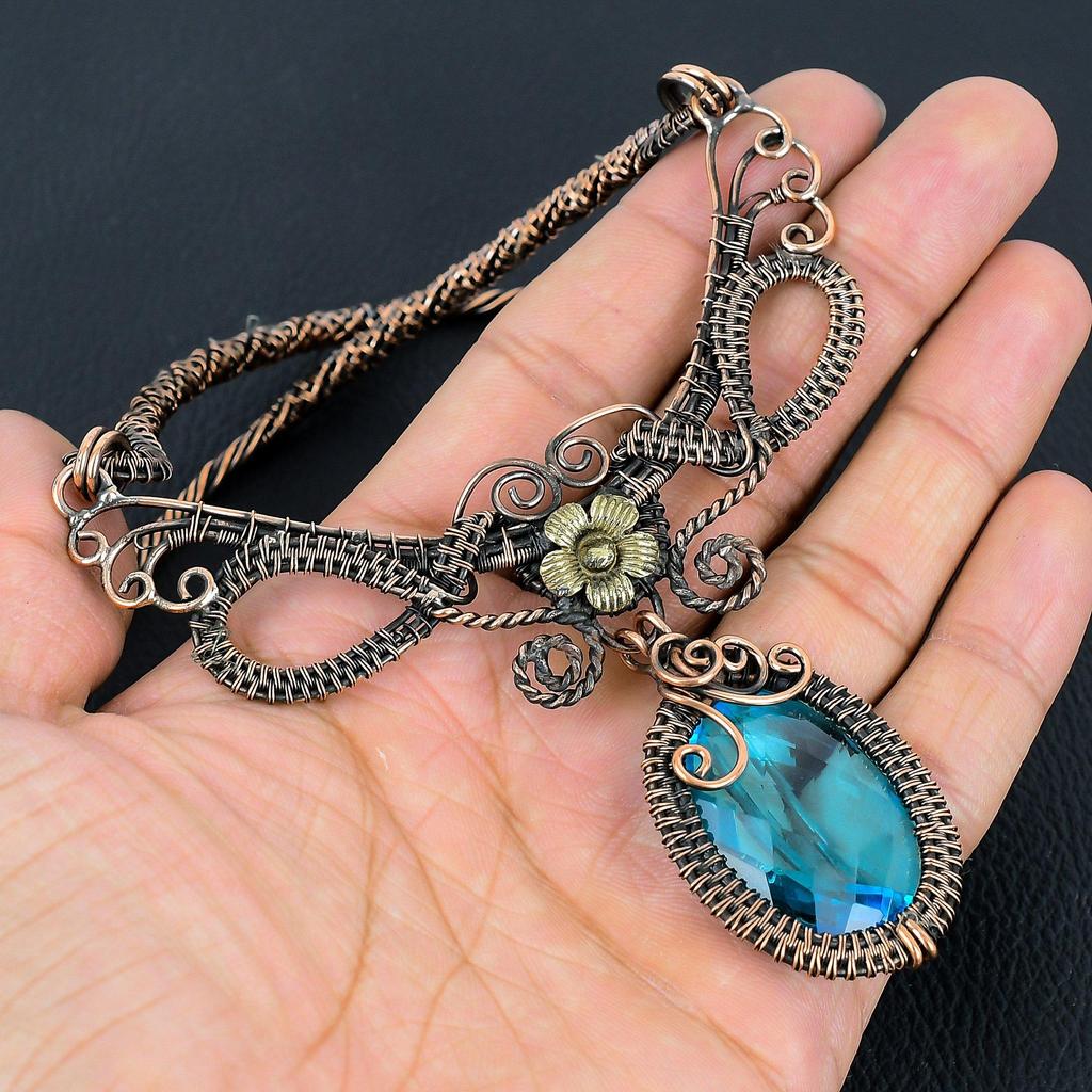 Blue Topaz Necklace, 999 Copper Wire Wrapped Jewelry, Gemstone Jewelry Adjustable Chain Necklace, Handmade Wedding Gift Jewelry