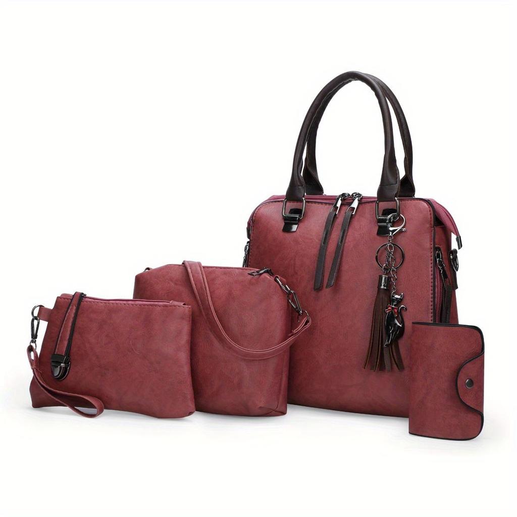 4 In 1 Retro Fashion Handbags Set For Women, Large-capacity Tote Shoulder Bag With Keychain Decor