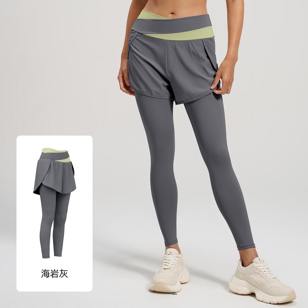Color matching anti-light fake two-piece yoga pants high waist belly pocket pants sports fitness pants