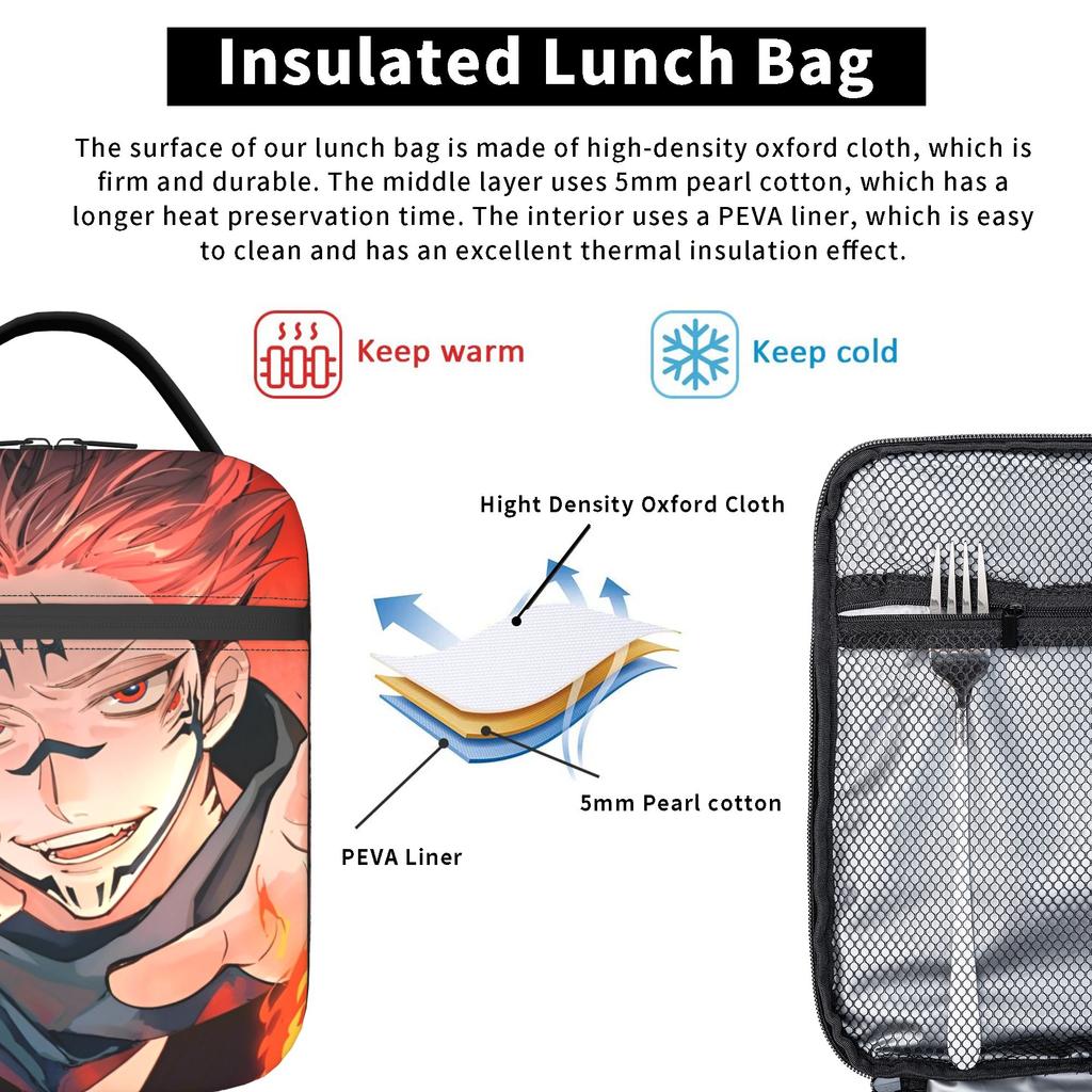 Ryomen Sukuna Heat-keeping Meal Tote Spacious Jujutsus Kaisens Reusable Cooler Bag Lunch Box Tote Professional  Journey Food Holding Bags