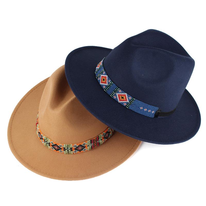 New fashionable women's autumn and winter woolen hat handmade rice beads decorated imitation felt top hat British jazz hat