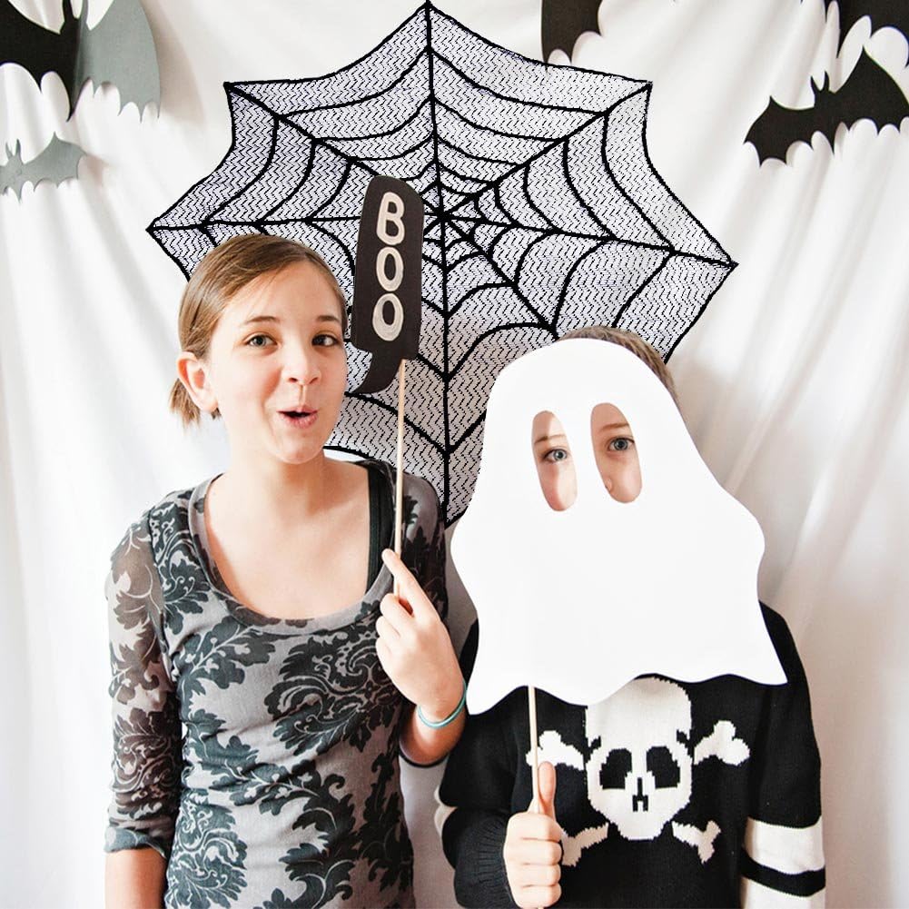 AerWo Halloween Tablecloth Lace Spiderweb Table Cloth, 30-Inch Centerpiece Round Table Topper for Halloween Decorations Festive Party Supplies