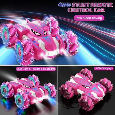 Carro de Controle Remoto Stunt Rosa com LED, Rotação 360°, Condução em Dois Lados, Carro de Brinquedo Elétrico Infantil para Jogos Multijogador