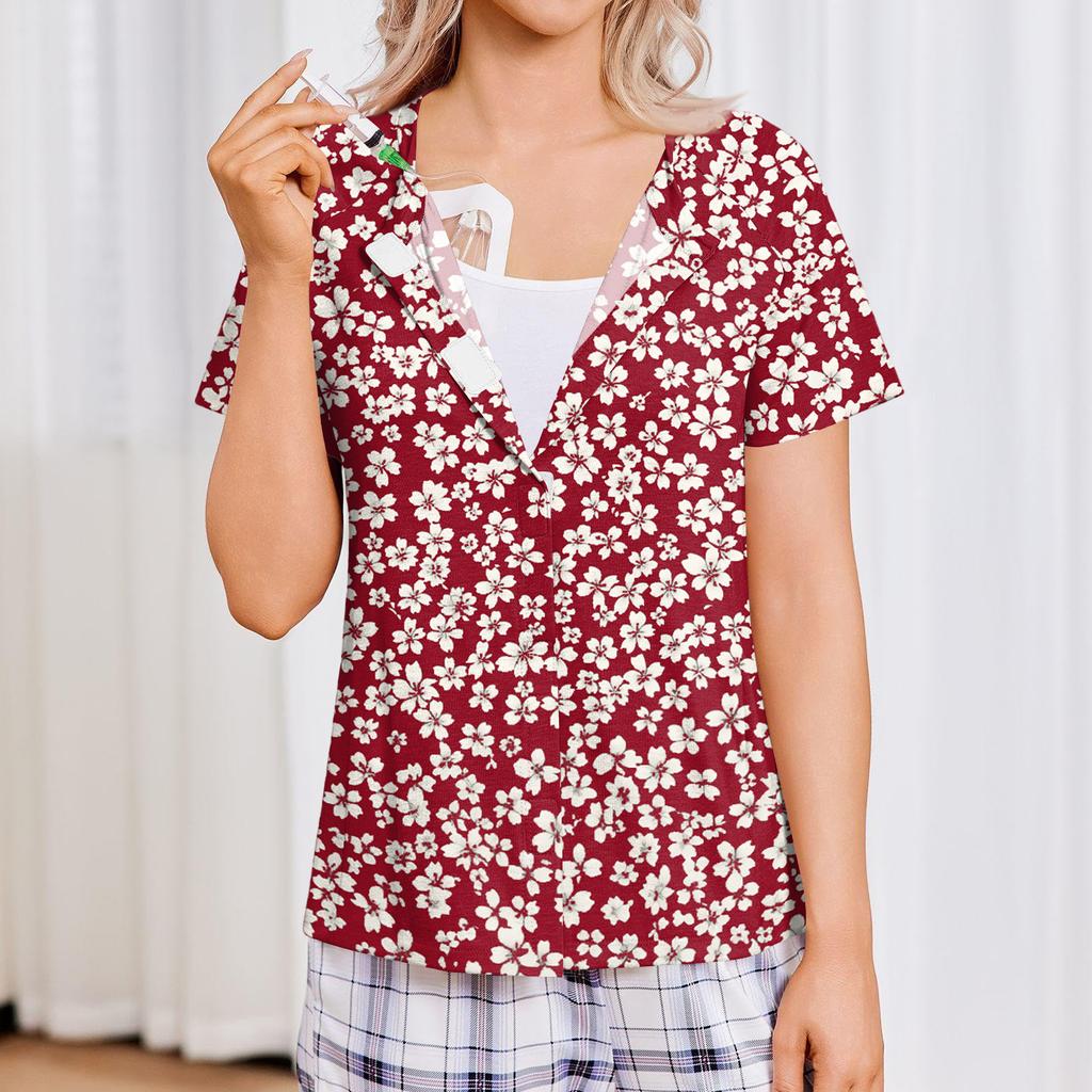 Women's Post-operative Short-sleeved  Color Shirt With Four Pockets