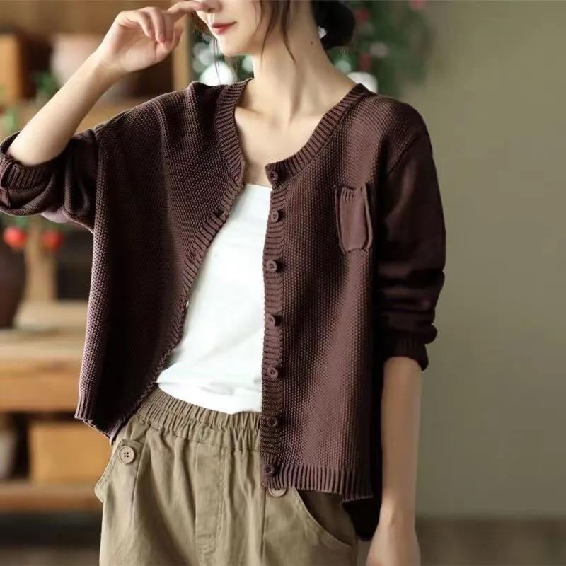 Frühling Retro Baumwollstrick Cardigan Damen Stehkragen Langarm Herbstjacke Mode Lässig Oberbekleidung