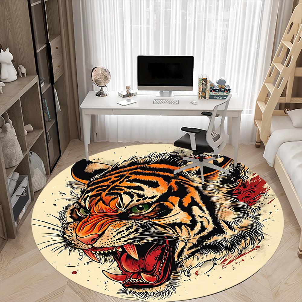 1pc Tiger Head Design Chair Carpet for Office, Round Non-Slip Durable Large Size Office Carpet, Suitable for Office, Beautiful Decoration