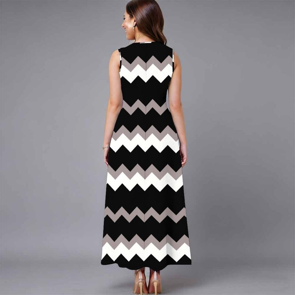 Oversized Women Sleeveless Round Neck Dress Elegant Scattered Bouquet Flowy Calf Length Gown