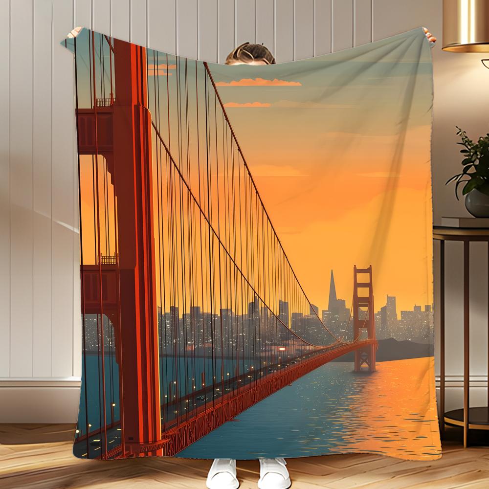 Landmark Golden Gate Bridge Throw Soft Coral Fleece Blanket 310gsm Fluffy Warm Throw for Sofa Bed Couch Bedroom Decor