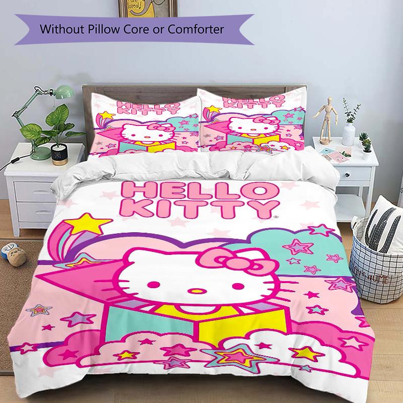 3pcs Hello Kitty with Stars and Clouds Print Bedding Set (1 Cover + 2 Pillowcases, Without Inserts),  Soft and Comfortable S041