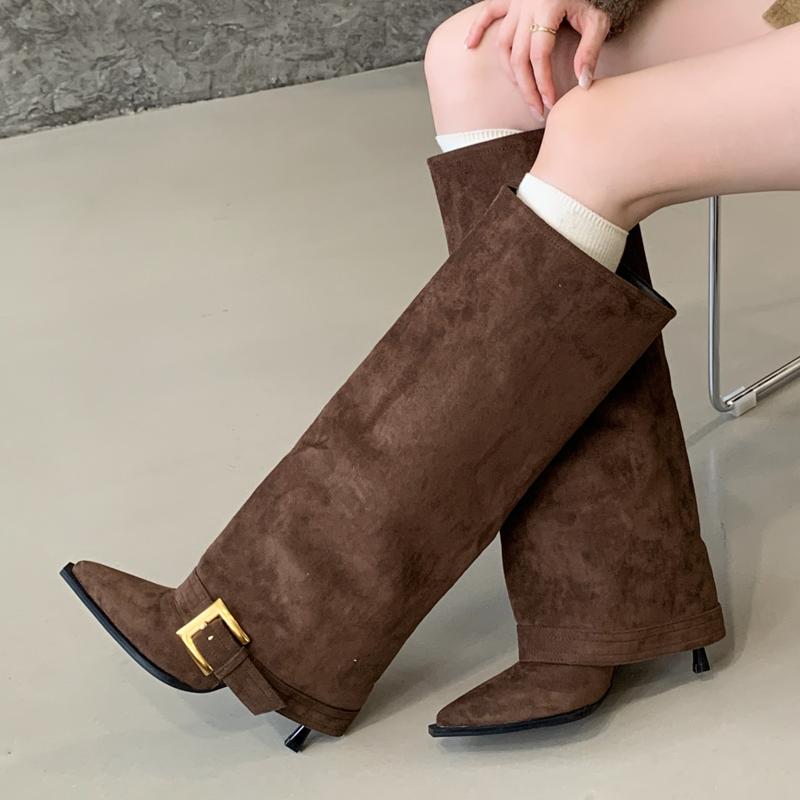 Eilyken Winter Design Splicing Square Buckle Knee-High Boots Women Pointed Toe Stripper Shoes Sexy Thin Heels Largas De Mujer
