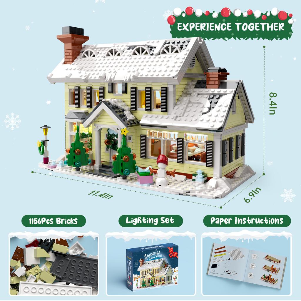 1156PCS Weihnachts-Schneedorfhaus mit Licht Modellbausteine Winterarchitektur-Sammlung Bausteine Spielzeug für Kinder Geschenke