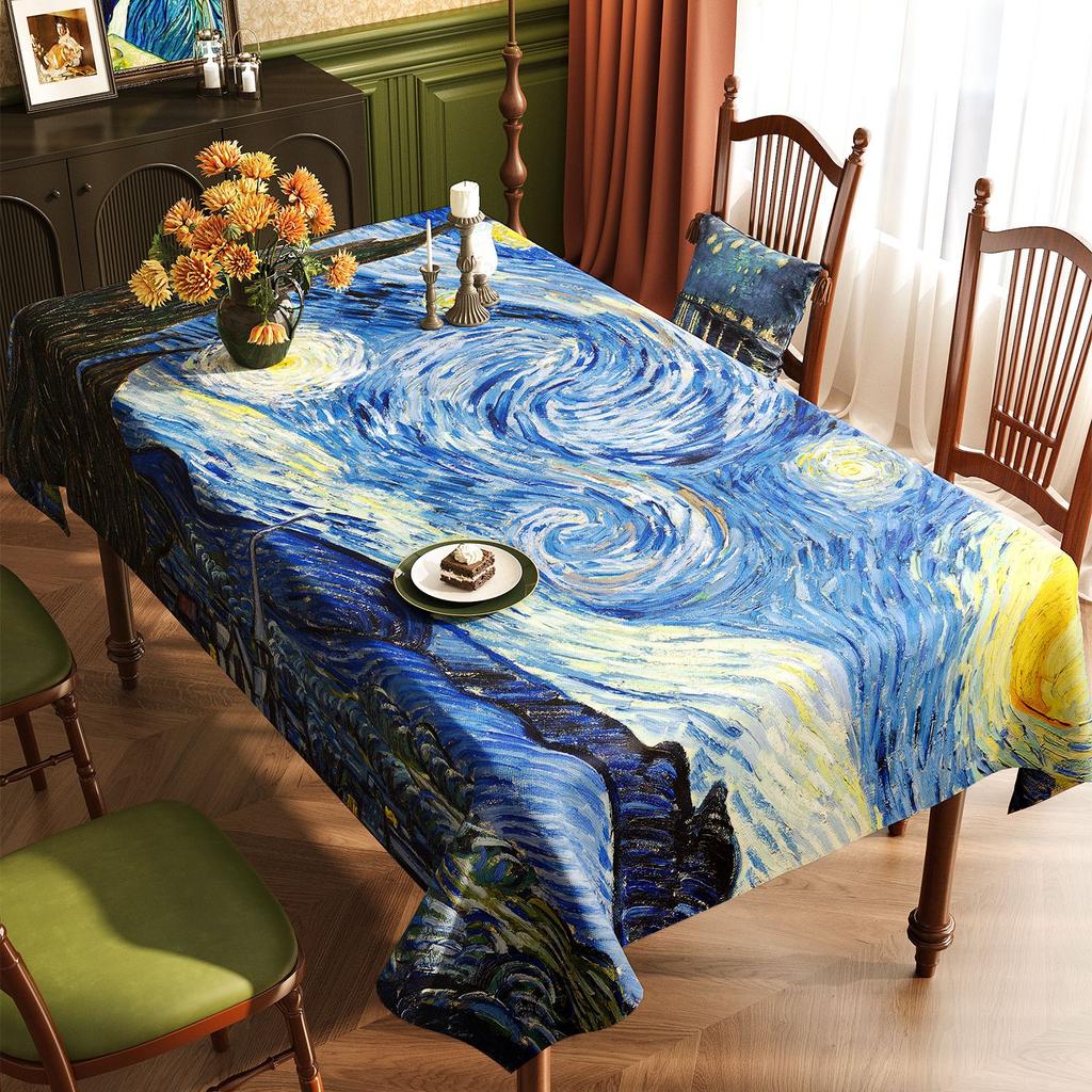 Van Gogh-Style Oil Painting Tablecloth: Waterproof, Grease-Resistant, No-Wash, Light Luxury, High-End Artistic Rectangular Dining Tablecloth