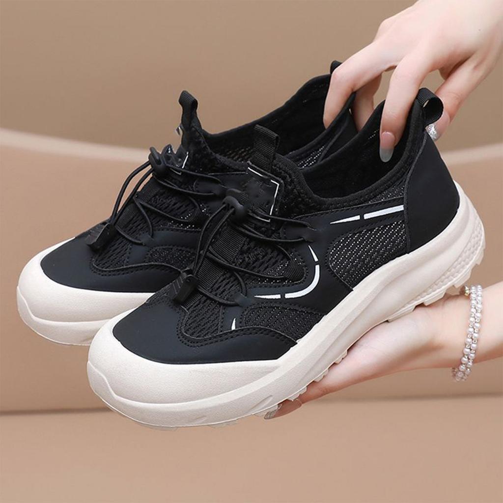 Women's Breathable Mesh Athletic Shoes Lightweight Slip-On Sports Sneakers with Elastic Adjustable Laces and Cushioned Sole for Outdoor Activities