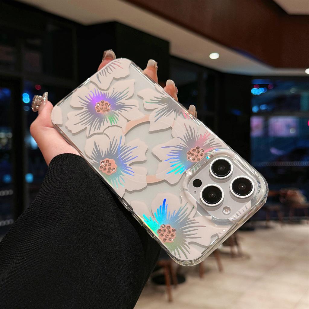 For iPhone 16 Pro Case Compatible with MagSafe Laser Flower PC+TPU Clear Phone Cover