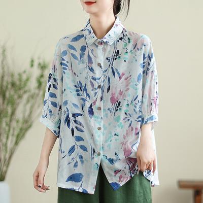 Summer Thin Cotton Linen Shirt Vintage Chic Loose Casual Three Quarter Sleeve Shirts Women Lapel Button Up Tops