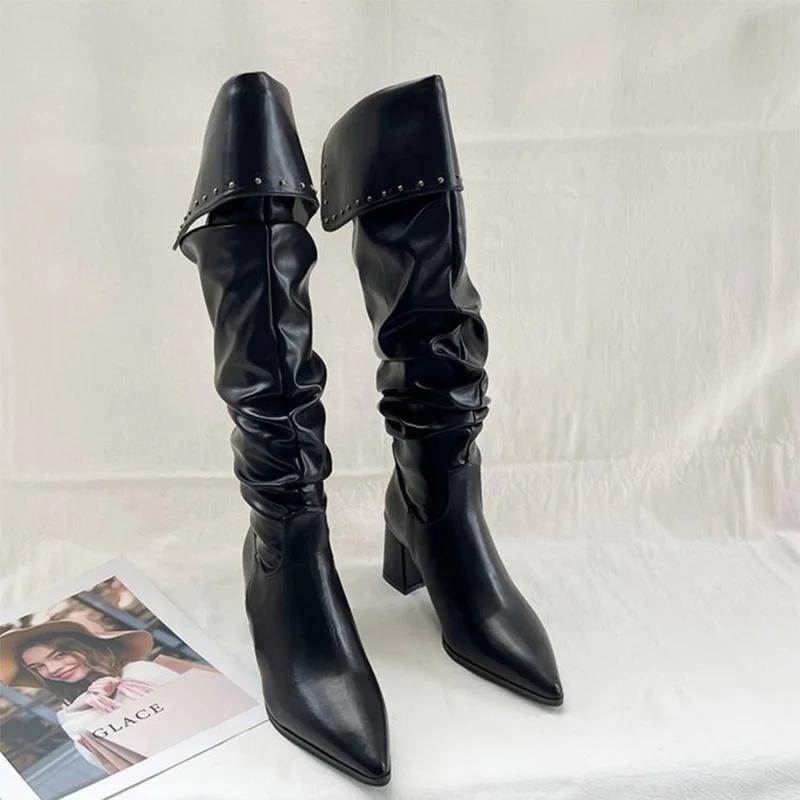 Knee High Women Boots Pointed Toe High Heels Sexy Shoes Winter Luxury Chunky Leather Shoes Chelsea Boots Elegant Pumps De Mujer