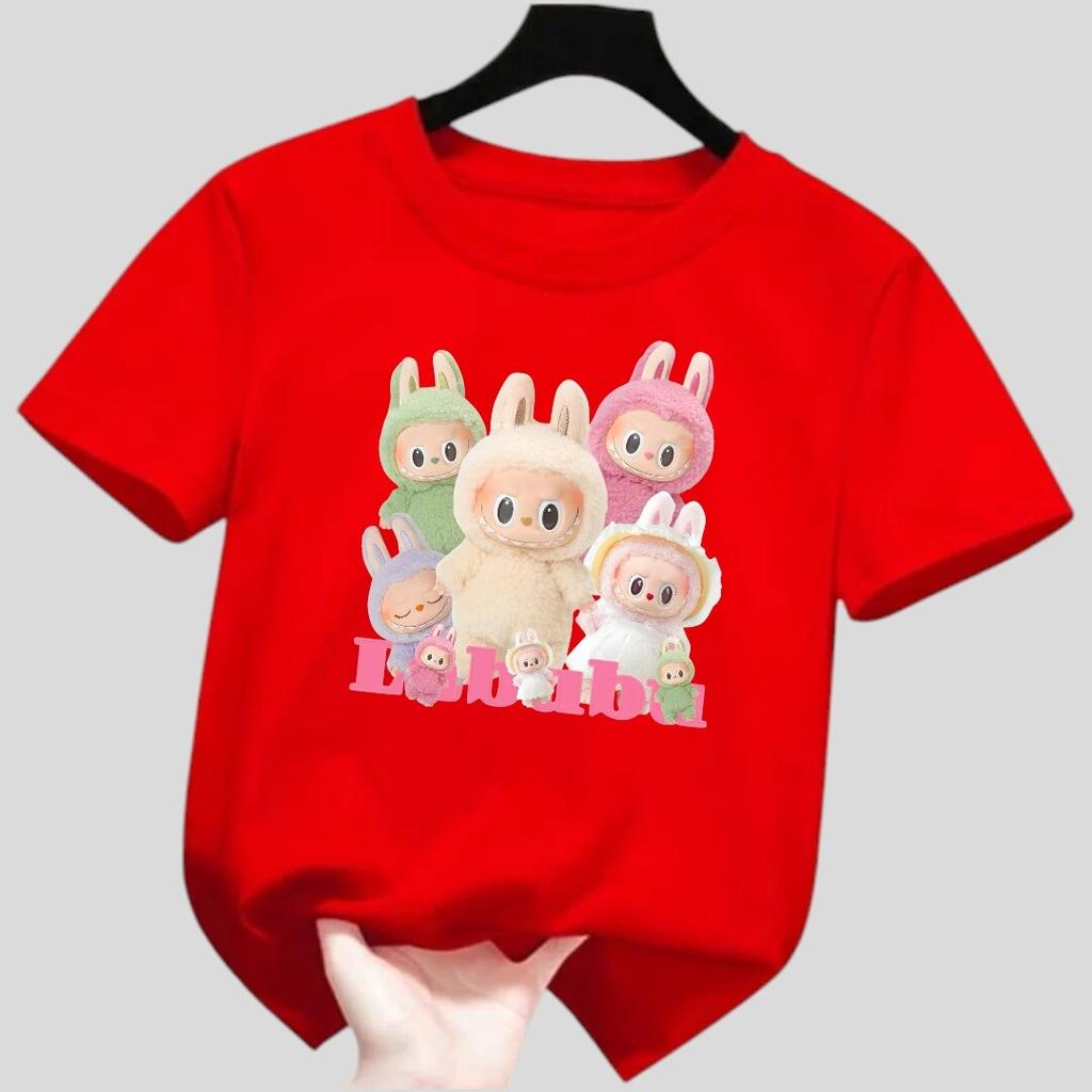 New Labubu Children's T-shirt with Multiple LABUBU Patterns Round Neck Short Sleeved Casual Versatile Girls' Top