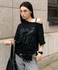 Ledeoli Vintage Slit One-Shoulder Short Sleeve T-Shirt [Black]