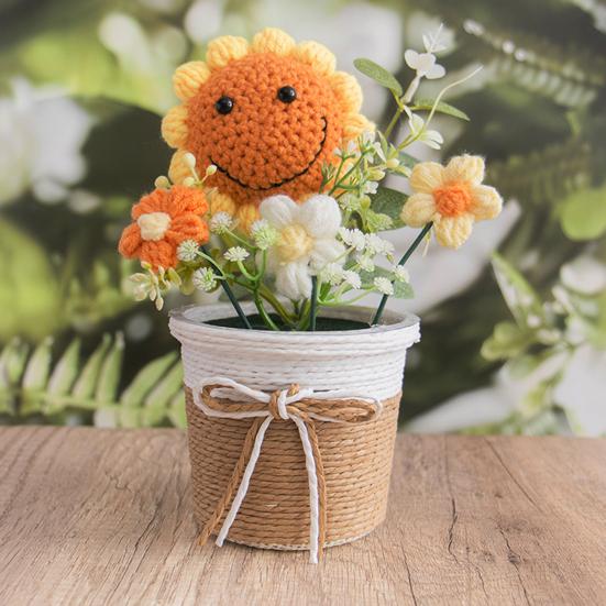 Handmade Crochet Flower Bouquet with Pot, Cute Little Knitted Potted Flower for Car Dashboard, Home Office Decoration, Gift for Birthday, Anniversary
