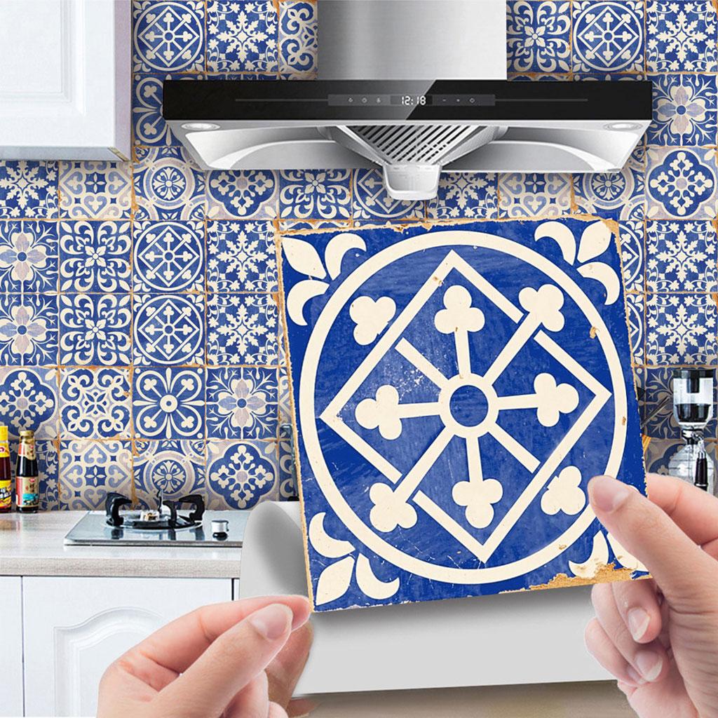Blue and White Porcelain Tile Sticker 24pcs Self Adhesive Home Kitchen Smooth
