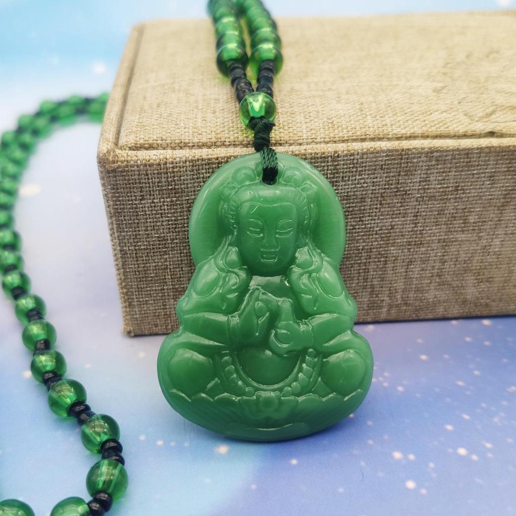 Unisex Green Jade Guanyin & Guan Yu Pendant Necklace – Imitation Chalcedony Buddha & Dragon Sweater Chain