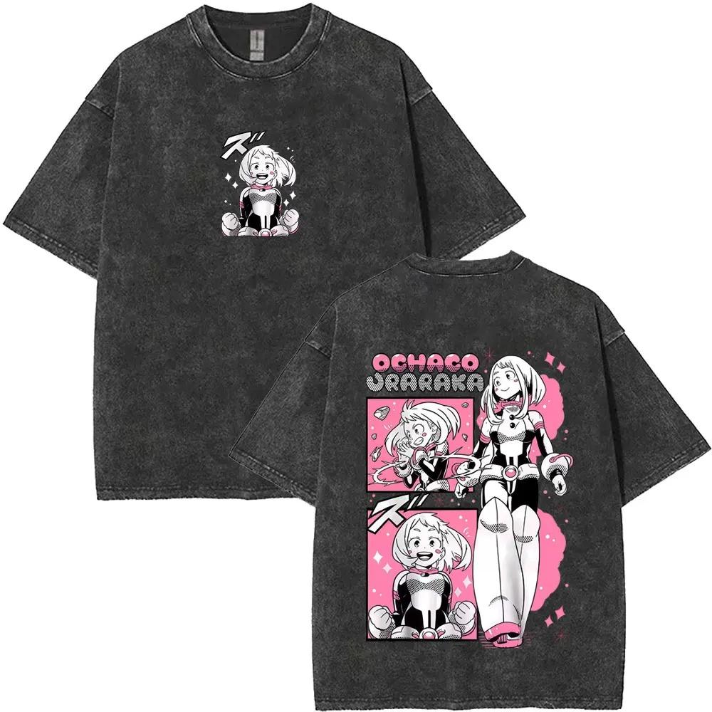 

Oversized Washed Black Short-Sleeve T-Shirt Featuring My Hero Academia Ochaco Uraraka Dual-Sided Graphic Print For Anime Fans L