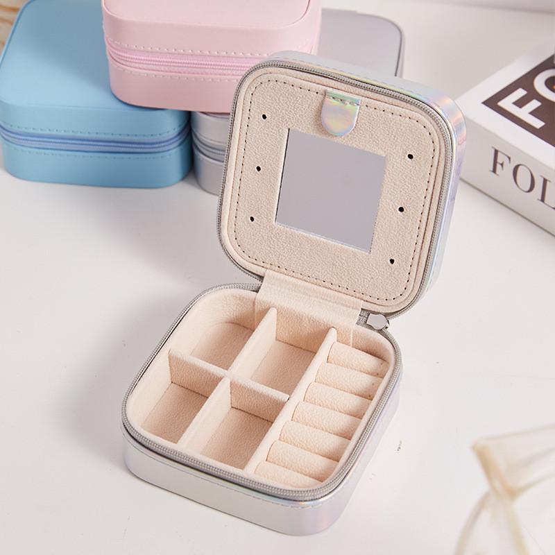 Caja de Joyería Clásica de Cuero Con Espejo Para Guardar Pendientes y Anillos