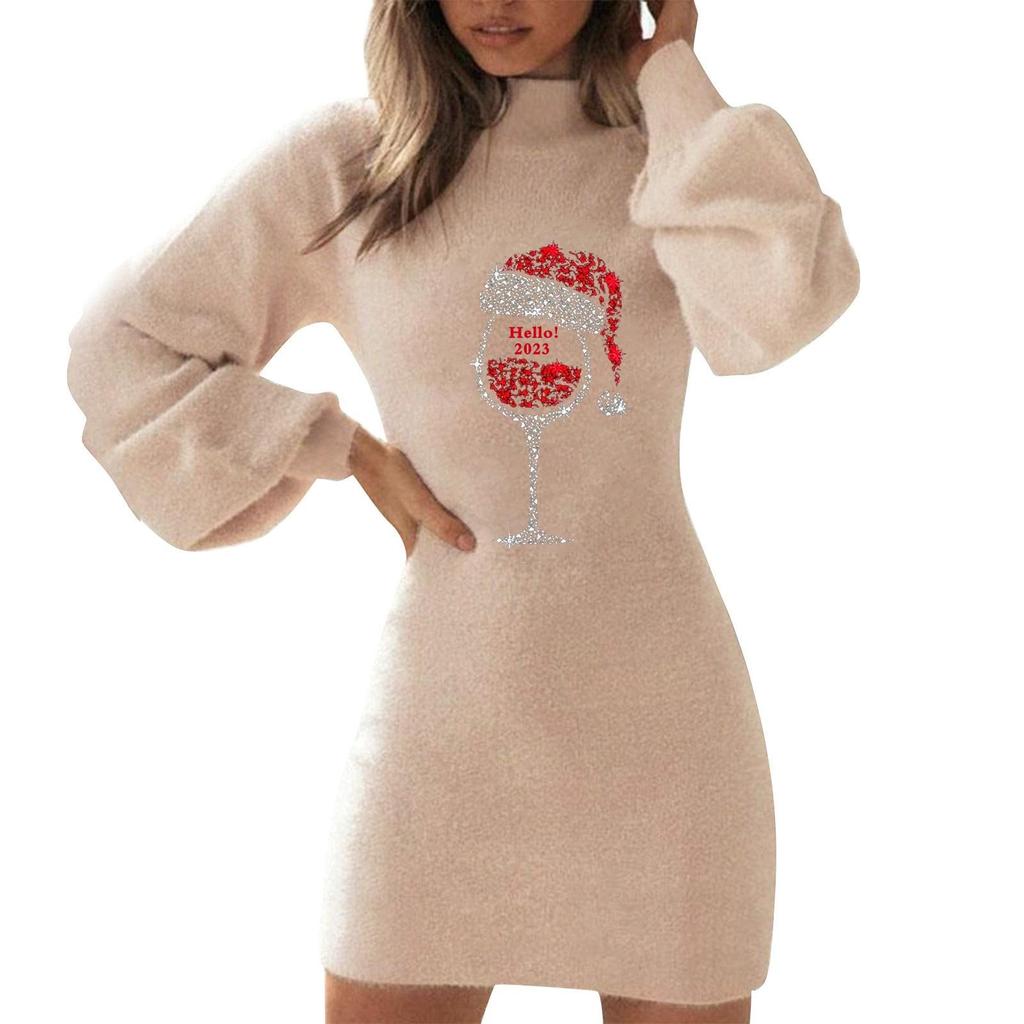 2023 Winter Christmas Print Slim Lantern Sleeve Dress