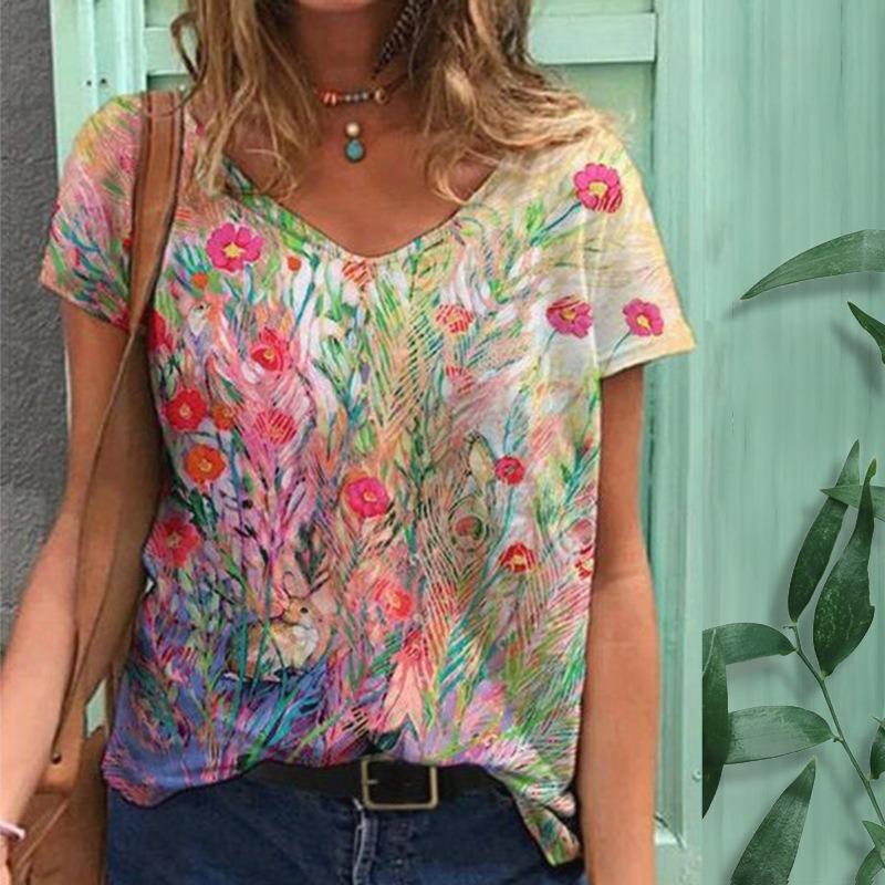 Fashion women s clothing, digital print short-sleeved top, summer V-neck sexy T-shirt trend S