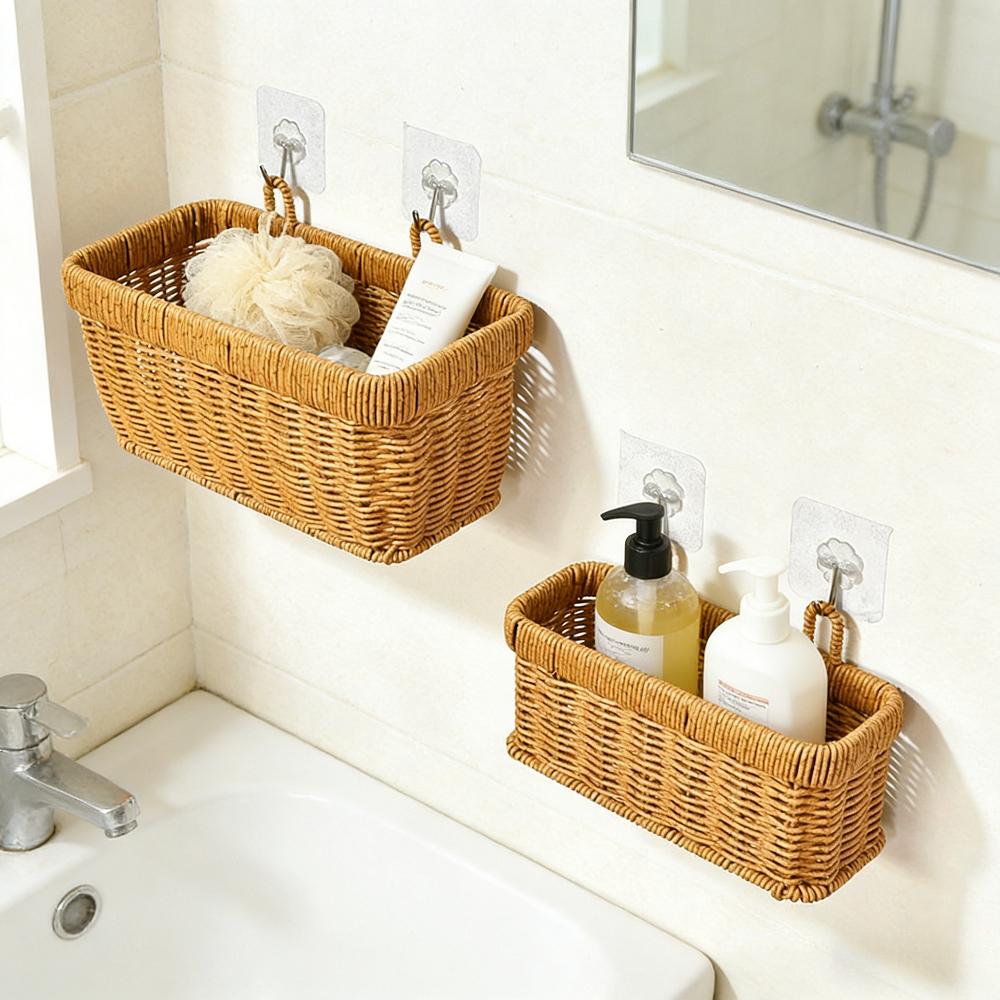 Wall Hanging Woven Storage Basket Set | Plastic Rattan Hanging Organizer with Hooks | 2 Sizes Kitchen Pantry Storage Basket for Home Decor