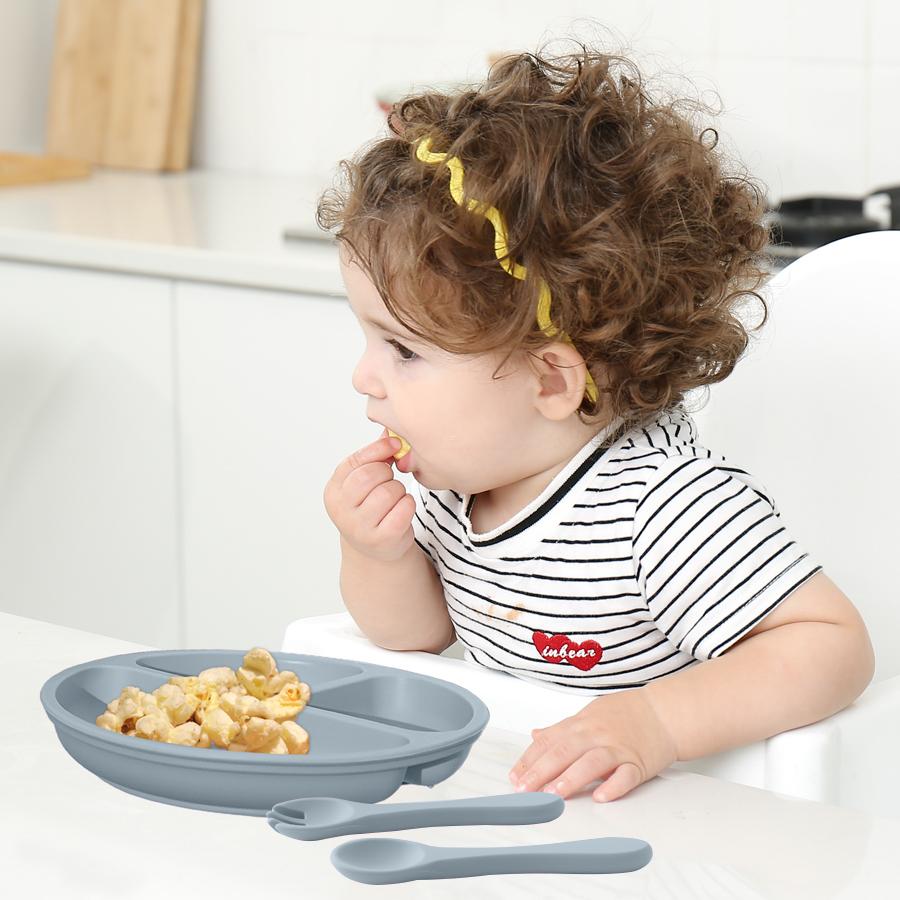 3PCS Baby Silicone Feeding Dishes Plate Children Plate Sucker Feeding Bowl Wood Fork Spoon Set Toddler Training Tableware