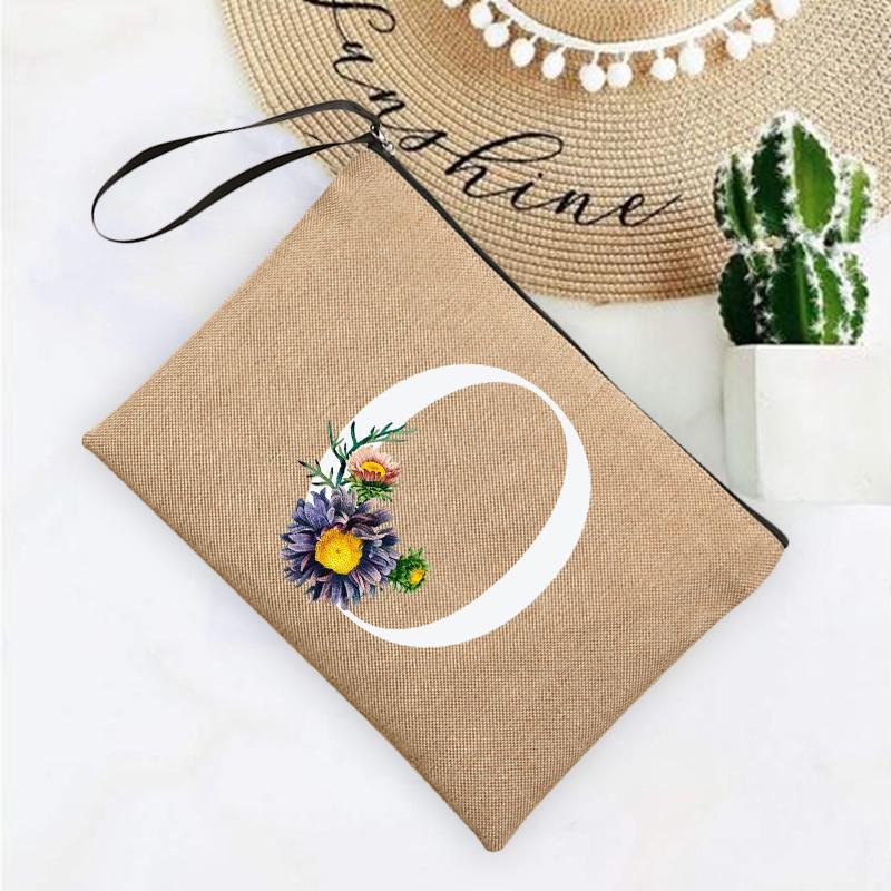 

Initial Letter Flower Linen Zipper Pouch Women Cosmetic Bags Mujer Bolsa Summer Beach Travel Organizer Case Neceser Make Up Bag