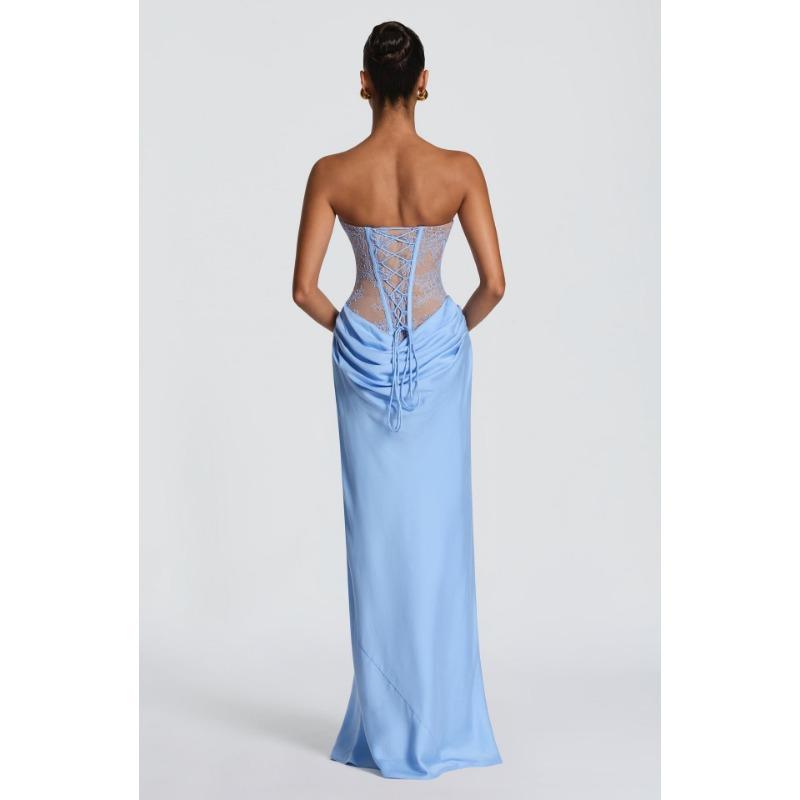 Women French Elegant Solid Lace Strapless Sling Slim Fit Evening Party Midi Dress