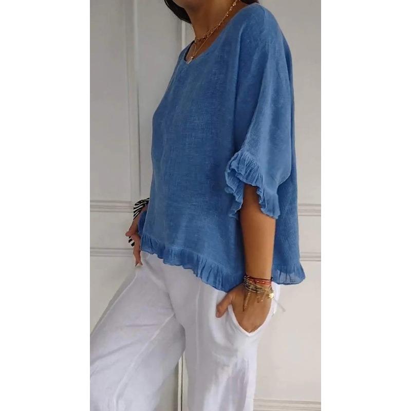 Blusa in Lino da Donna a Manica Pipistrello con Scollo Tondo, Orlo Arricciato, Colore Unito, Taglie Forti