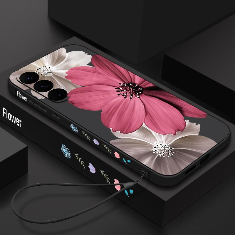 Pink Flower Pattern Lanyard Phone Case For Samsung Galaxy A57 A17 A56 A16 A55 A15 A36 5G S25 FE S26 S24 S23 S22 Ultra Soft Cover