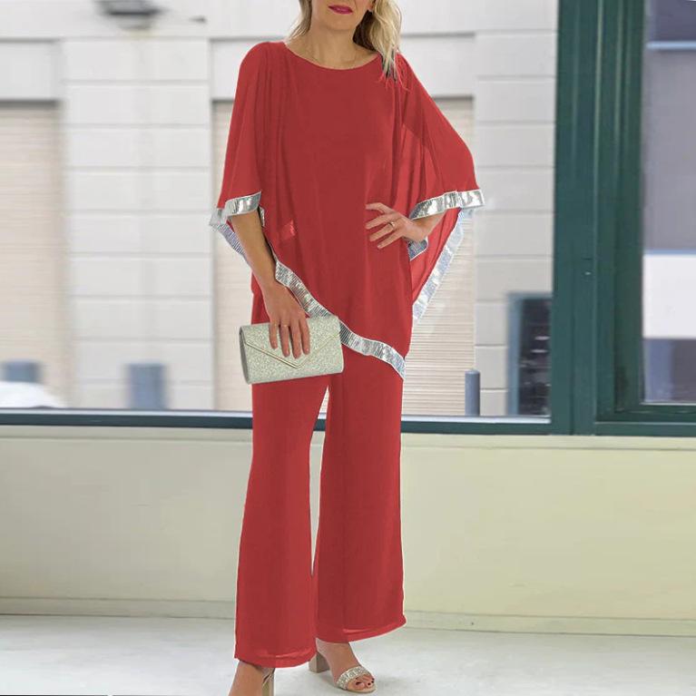 2025 Autumn Sequin Batwing Top & Wide Leg Pants Set - Round Neck, Two-Piece Ensemble